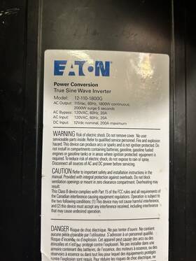 Eaton 12-110-1800g Pure Sine Wave Inverter 1800w 12vdc Input 115vac 60hz