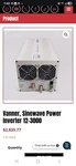 Vanner VLT12-3000 High Frequency 12V Watt True Sine Wave Ac Power Inverter. Fixed Price $750.00.
